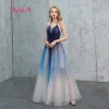 Sexy Royal Blue Gradient-Color Summer Evening Dresses  2019 A-Line / Princess Halter Sleeveless Floor-Length / Long Ruffle Backless Formal Dresses