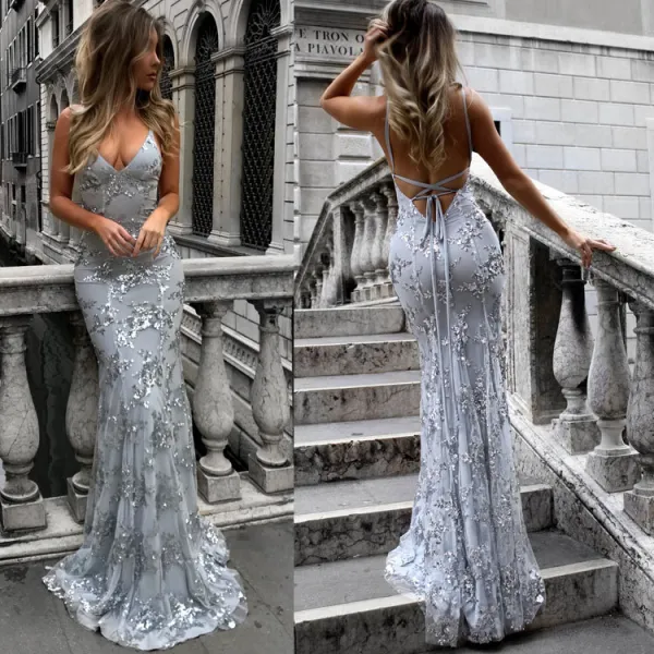 Sexy Silver Maxi Dresses 2018 Trumpet / Mermaid Glitter Sequins Spaghetti Straps Backless Short Sleeve Sweep Train Women&#039;s Clothing