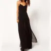 Sexy Summer Black Chiffon Maxi Dresses 2018 Spaghetti Straps Sleeveless Split Front Floor-Length / Long Backless Women's Clothing