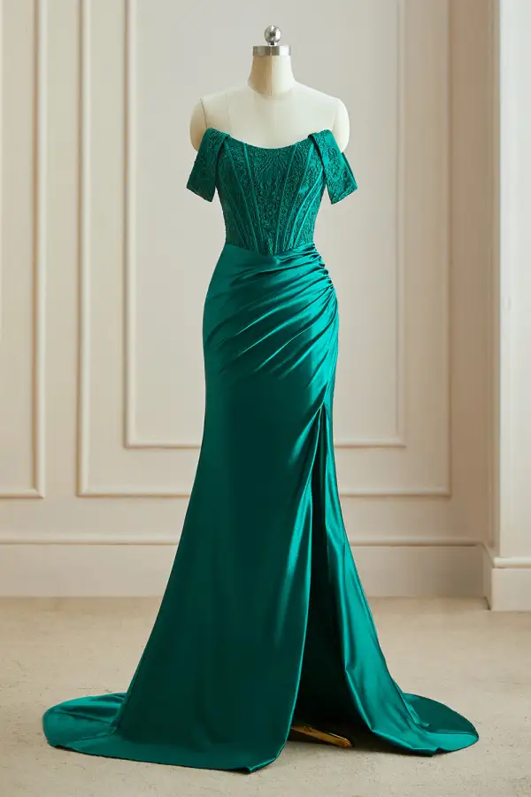 Sexy Trumpet / Mermaid Dark Green Evening Dresses 2024 Split Front Formal Dresses Zipper Up Ruffle Sweep Train Off-The-Shoulder Satin