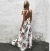 Sexy White Maxi Dresses 2018 Printing Split Front Halter Backless Sleeveless Floor-Length / Long Women's Clothing