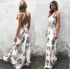 Sexy White Maxi Dresses 2018 Printing Split Front Halter Backless Sleeveless Floor-Length / Long Women's Clothing