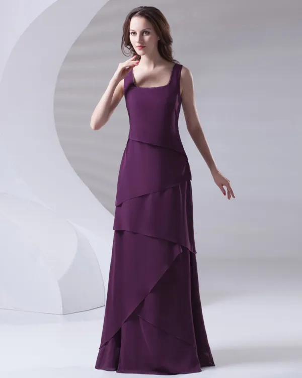 Shoulder Straps Pleated Floor Length Chiffon Mother of The Bride Dress