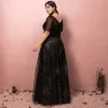 Sparkly Black Plus Size Evening Dresses  2018 A-Line / Princess Tulle V-Neck Backless Beading Corset Sequins Evening Party Prom Dresses