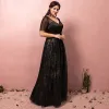 Sparkly Black Plus Size Evening Dresses  2018 A-Line / Princess Tulle V-Neck Backless Beading Corset Sequins Evening Party Prom Dresses
