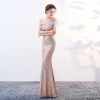 Sparkly Bling Bling Gold Floor-Length / Long Evening Dresses  2018 Trumpet / Mermaid Zipper Up Beading Sequins Evening Party Formal Dresses