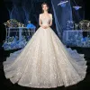 Sparkly Champagne Bridal Wedding Dresses 2020 Ball Gown Off-The-Shoulder Short Sleeve Backless Appliques Flower Sequins Beading Cathedral Train Ruffle