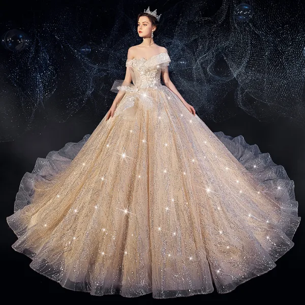 Sparkly Champagne Wedding Dresses 2019 Ball Gown Off-The-Shoulder Short Sleeve Appliques Lace Backless Glitter Sequins Tulle Chapel Train Ruffle