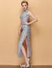 Sparkly Cheongsam 2016 High Neck Pierced Lace Sequin Tea Length Qipao Evening Dress