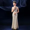 Sparkly Gold Sequins Birthday Flower Girl Dresses 2020 Trumpet / Mermaid Scoop Neck Sleeveless Beading Floor-Length / Long