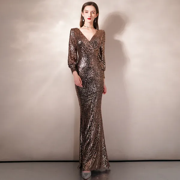 Sparkly Gold Sequins Evening Dresses  2020 Trumpet / Mermaid V-Neck Puffy 3/4 Sleeve Floor-Length / Long Formal Dresses