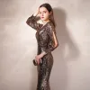 Sparkly Gold Sequins Evening Dresses  2020 Trumpet / Mermaid V-Neck Puffy 3/4 Sleeve Floor-Length / Long Formal Dresses