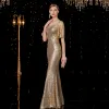 Sparkly Gold Sequins Pierced Evening Dresses  2019 Trumpet / Mermaid High Neck 1/2 Sleeves Floor-Length / Long Glitter Formal Dresses