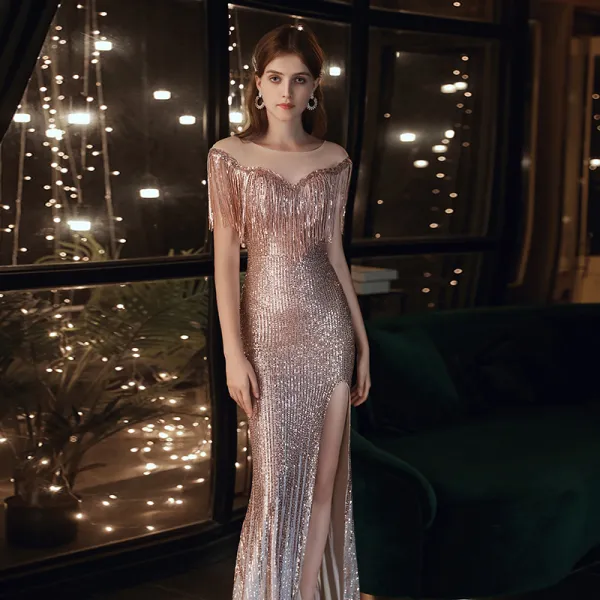 Sparkly Rose Gold Evening Dresses  2020 Trumpet / Mermaid See-through Scoop Neck Sleeveless Sequins Tassel Split Front Floor-Length / Long Formal Dresses