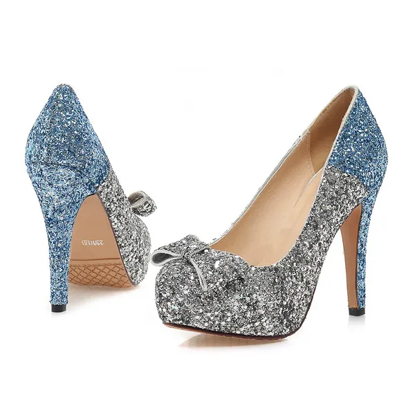 Sparkly Silver & Blue Pumps Glitter High Heels Womens Stiletto Heels With Bow