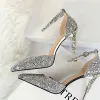 Sparkly Silver High Heels 2018 Cocktail Party Evening Party Prom 9 cm Heels Pointed Toe Ankle Strap Glitter Womens Shoes