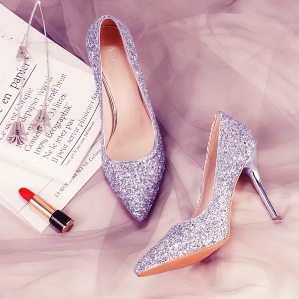 Sparkly Silver Wedding Shoes 2018 Leather Sequins 7 cm Stiletto Heels Pointed Toe Wedding High Heels