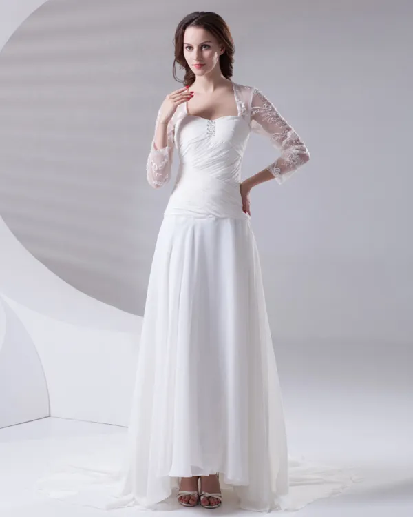 Square Pleated Beading Floor Length Chiffon Lace Woman Empire Wedding Dress