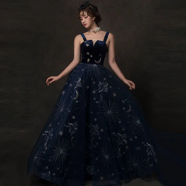 Starry Sky Navy Blue Prom Dresses 2019 A-Line / Princess Shoulders Sleeveless Glitter Tulle Floor-Length / Long Ruffle Backless Formal Dresses