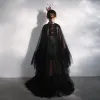 Style Chinois Noire Anniversaire Robe Ceremonie Fille 2020 Princesse Col Haut Mancherons Glitter Tulle Détachable Tribunal Train