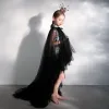 Style Chinois Noire Anniversaire Robe Ceremonie Fille 2020 Princesse Col Haut Mancherons Glitter Tulle Détachable Tribunal Train
