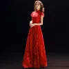 Style Chinois Rouge Transparentes Robe De Soirée 2019 Princesse Col Haut Manches Courtes Appliques En Dentelle Longue Volants Robe De Ceremonie