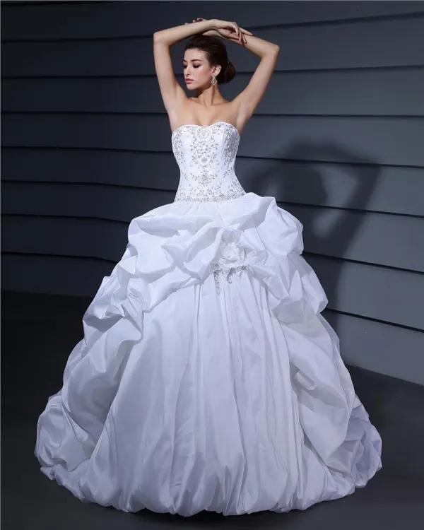 Sweetheart Ruffle Beading Floor Length Charmeuse Ball Gown Wedding Dress