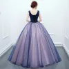 Traditional Navy Blue Prom Dresses 2020 Ball Gown V-Neck Beading Appliques Lace Flower Sleeveless Backless Floor-Length / Long Formal Dresses