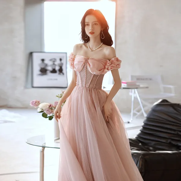 Uroczy Rumieniąc Różowy Sukienki Na Bal 2021 Princessa Przy Ramieniu Bez Rękawów Bez Pleców Kryształ Długie Bal Sukienki Wizytowe