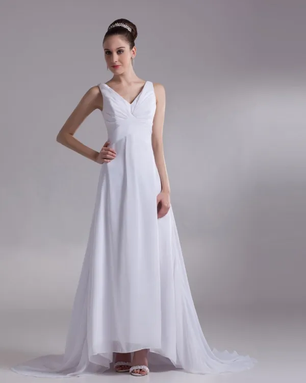 V Neck Pleated Floor Length Chiffon Empire Wedding Dress