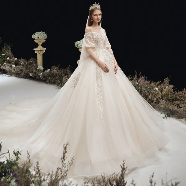 Victorian Style Champagne See-through Pregnant Wedding Dresses 2020 Empire Scoop Neck Puffy 3/4 Sleeve Backless Appliques Lace Beading Glitter Tulle Cathedral Train Ruffle