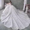 Victorian Style Ivory Bridal Wedding Dresses 2020 Ball Gown See-through Scoop Neck Puffy Short Sleeve Backless Beading Tassel Glitter Tulle Cathedral Train Ruffle