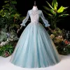 Victorian Style Pool Blue Dancing Prom Dresses 2020 Ball Gown High Neck Puffy Long Sleeve Appliques Lace Beading Pearl Floor-Length / Long Ruffle Backless