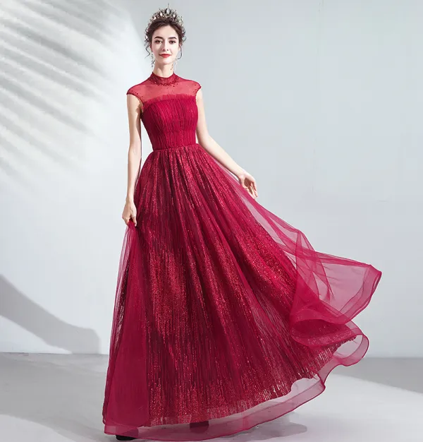 Vintage Burgund Sukienki Wieczorowe 2020 Princessa Wzburzyć Wysokiej Szyi Frezowanie Kryształ Cekiny Bez Rękawów Bez Pleców Długie Sukienki Wizytowe