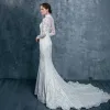 Vintage Ivory Lace Wedding Dresses 2017 Trumpet / Mermaid High Neck Long Sleeve Backless Lace Up Court Train