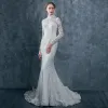Vintage Ivory Lace Wedding Dresses 2017 Trumpet / Mermaid High Neck Long Sleeve Backless Lace Up Court Train