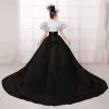 Vintage / Retro Ball Gown Black White Prom Dresses 2018 High Neck Tulle Chapel Train Puffy Zipper Buttons Beading Formal Dresses