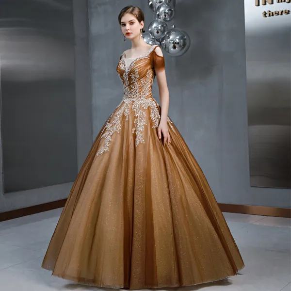 Vintage / Retro Brown See-through Prom Dresses 2020 A-Line / Princess Square Neckline Short Sleeve Glitter Tulle Appliques Lace Beading Floor-Length / Long Ruffle Backless Formal Dresses
