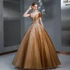 Vintage / Retro Brown See-through Prom Dresses 2020 A-Line / Princess Square Neckline Short Sleeve Glitter Tulle Appliques Lace Beading Floor-Length / Long Ruffle Backless Formal Dresses