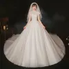 Vintage / Retro Ivory Bridal Wedding Dresses 2020 Ball Gown High Neck Short Sleeve Backless Handmade  Beading Glitter Tulle Cathedral Train Ruffle