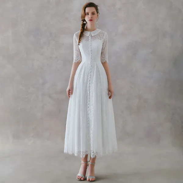 Vintage / Retro Ivory Lace Outdoor / Garden Wedding Dresses 2019 A-Line / Princess High Neck 1/2 Sleeves Ankle Length Ruffle