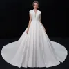 Vintage / Retro Ivory Satin Wedding Dresses 2019 A-Line / Princess Deep V-Neck Sleeveless Cathedral Train Ruffle