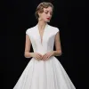 Vintage / Retro Ivory Satin Wedding Dresses 2019 A-Line / Princess Deep V-Neck Sleeveless Cathedral Train Ruffle