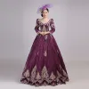 Vintage / Retro Medieval Burgundy Ball Gown Prom Dresses 2021 V-Neck Zipper Up Long Sleeve Floor-Length / Long Embroidered Tassel Cosplay Prom Formal Dresses