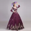 Vintage / Retro Medieval Burgundy Ball Gown Prom Dresses 2021 V-Neck Zipper Up Long Sleeve Floor-Length / Long Embroidered Tassel Cosplay Prom Formal Dresses