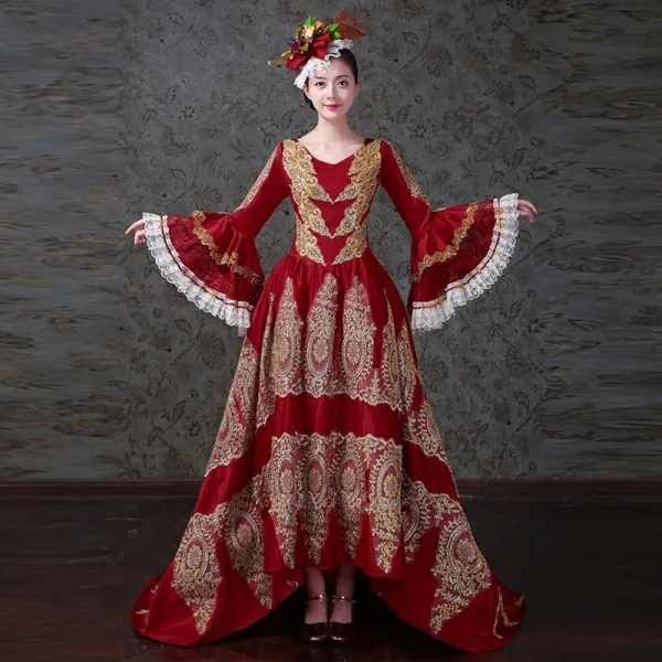 Vintage / Retro Medieval Red Ball Gown Prom Dresses 2021 V-Neck Zipper Up Long Sleeve 3D Lace Beading Embroidered Rhinestone Sequins Lace Satin High Low Sweep Train Prom Formal Dresses