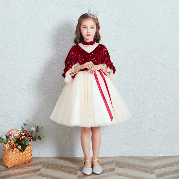 Vintage / Retro Red Champagne Suede Winter Birthday Flower Girl Dresses 2020 Princess High Neck Puffy 3/4 Sleeve Star Embroidered Sash Short Ruffle