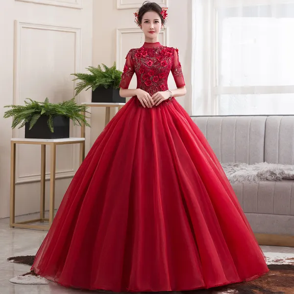 Vintage / Retro Red Dancing Prom Dresses 2020 Ball Gown See-through High Neck 1/2 Sleeves Appliques Lace Flower Beading Floor-Length / Long Ruffle Formal Dresses