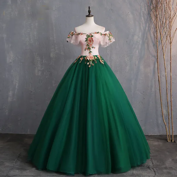 Vintage Verde Oscuro Vestidos de gala 2019 Ball Gown Apliques Con Encaje Fuera Del Hombro Manga Corta Sin Espalda Largos Vestidos Formales