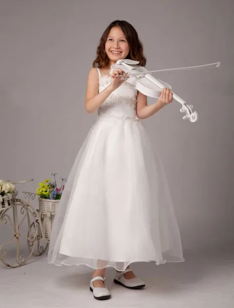 Weiß Spaghetti Perlen Satin Blumenmädchen Kleid Kommunionkleider